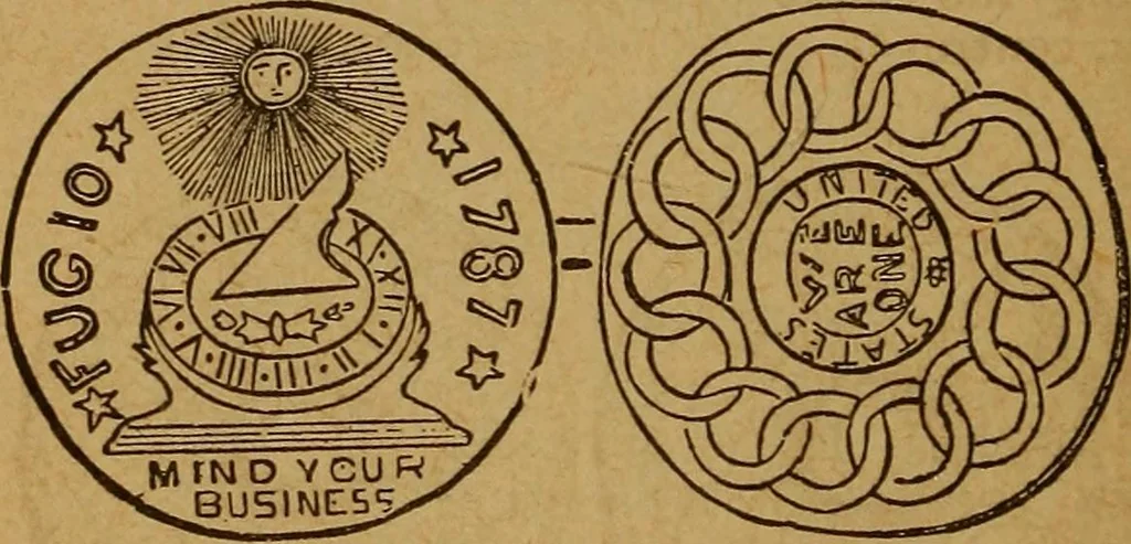 An illustration from The rare coins of America, England, Ireland, Scotland, France, Germany, and Spain ... a complete list of and prices paid for rare American ... coins, fractional currency, colonial, continental and Confederate paper money; a list of all counterfeit U. S. Treasury and national bank notes and Canadian banks notes, and how to detect them; the market value of all nations' coins and bank notes in U.S. money; a list of and prices paid for rare English, Irish, Scotch, French, German and Spanish coins. Illustrated with about 150 cuts, 1889, leaf 55