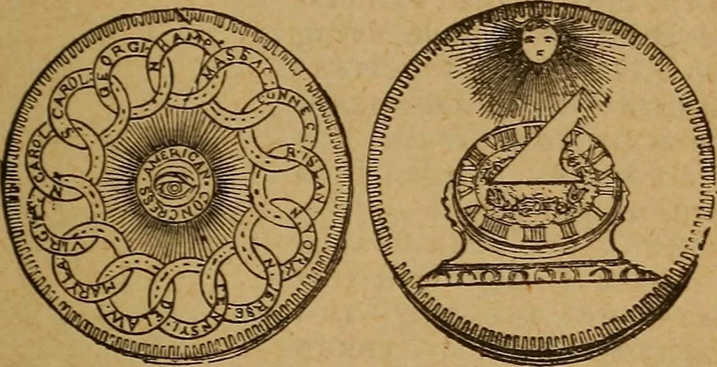 An illustration from The rare coins of America, England, Ireland, Scotland, France, Germany, and Spain ... a complete list of and prices paid for rare American ... coins, fractional currency, colonial, continental and Confederate paper money; a list of all counterfeit U. S. Treasury and national bank notes and Canadian banks notes, and how to detect them; the market value of all nations' coins and bank notes in U.S. money; a list of and prices paid for rare English, Irish, Scotch, French, German and Spanish coins. Illustrated with about 150 cuts, 1889, leaf 56