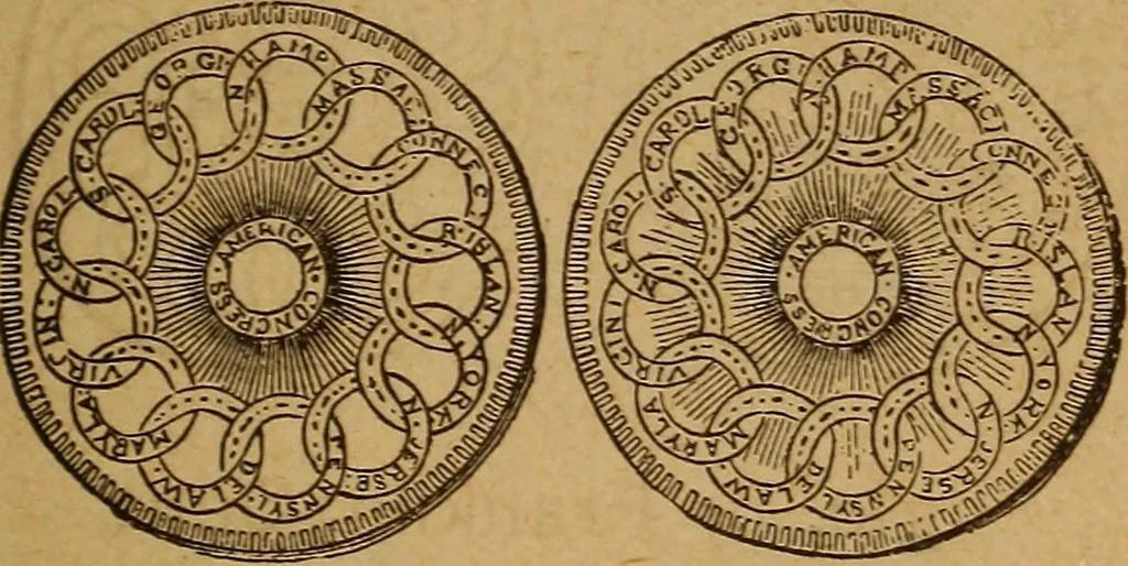 An illustration from The rare coins of America, England, Ireland, Scotland, France, Germany, and Spain ... a complete list of and prices paid for rare American ... coins, fractional currency, colonial, continental and Confederate paper money; a list of all counterfeit U. S. Treasury and national bank notes and Canadian banks notes, and how to detect them; the market value of all nations' coins and bank notes in U.S. money; a list of and prices paid for rare English, Irish, Scotch, French, German and Spanish coins. Illustrated with about 150 cuts, 1889, leaf 56
