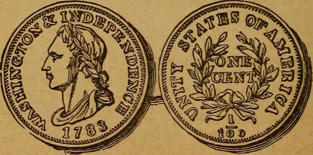 An illustration from The rare coins of America, England, Ireland, Scotland, France, Germany, and Spain ... a complete list of and prices paid for rare American ... coins, fractional currency, colonial, continental and Confederate paper money; a list of all counterfeit U. S. Treasury and national bank notes and Canadian banks notes, and how to detect them; the market value of all nations' coins and bank notes in U.S. money; a list of and prices paid for rare English, Irish, Scotch, French, German and Spanish coins. Illustrated with about 150 cuts, 1889, leaf 57