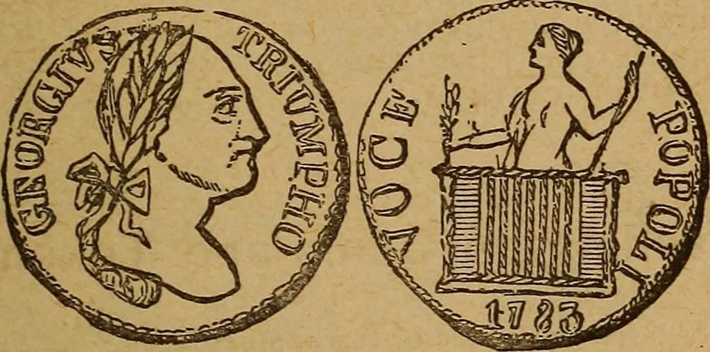 An illustration from The rare coins of America, England, Ireland, Scotland, France, Germany, and Spain ... a complete list of and prices paid for rare American ... coins, fractional currency, colonial, continental and Confederate paper money; a list of all counterfeit U. S. Treasury and national bank notes and Canadian banks notes, and how to detect them; the market value of all nations' coins and bank notes in U.S. money; a list of and prices paid for rare English, Irish, Scotch, French, German and Spanish coins. Illustrated with about 150 cuts, 1889, leaf 58