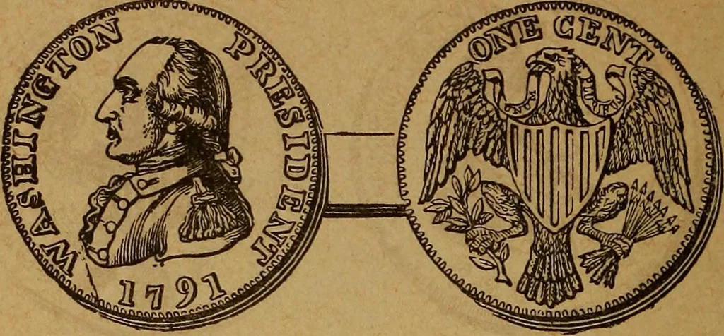 An illustration from The rare coins of America, England, Ireland, Scotland, France, Germany, and Spain ... a complete list of and prices paid for rare American ... coins, fractional currency, colonial, continental and Confederate paper money; a list of all counterfeit U. S. Treasury and national bank notes and Canadian banks notes, and how to detect them; the market value of all nations' coins and bank notes in U.S. money; a list of and prices paid for rare English, Irish, Scotch, French, German and Spanish coins. Illustrated with about 150 cuts, 1889, leaf 59