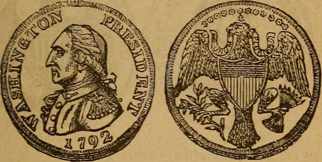 An illustration from The rare coins of America, England, Ireland, Scotland, France, Germany, and Spain ... a complete list of and prices paid for rare American ... coins, fractional currency, colonial, continental and Confederate paper money; a list of all counterfeit U. S. Treasury and national bank notes and Canadian banks notes, and how to detect them; the market value of all nations' coins and bank notes in U.S. money; a list of and prices paid for rare English, Irish, Scotch, French, German and Spanish coins. Illustrated with about 150 cuts, 1889, leaf 60