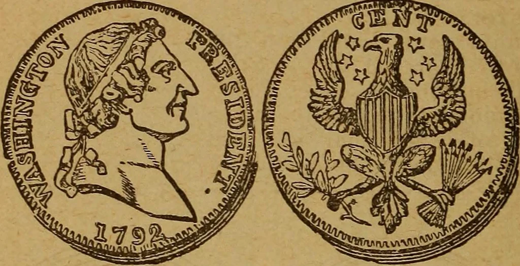 An illustration from The rare coins of America, England, Ireland, Scotland, France, Germany, and Spain ... a complete list of and prices paid for rare American ... coins, fractional currency, colonial, continental and Confederate paper money; a list of all counterfeit U. S. Treasury and national bank notes and Canadian banks notes, and how to detect them; the market value of all nations' coins and bank notes in U.S. money; a list of and prices paid for rare English, Irish, Scotch, French, German and Spanish coins. Illustrated with about 150 cuts, 1889, leaf 61