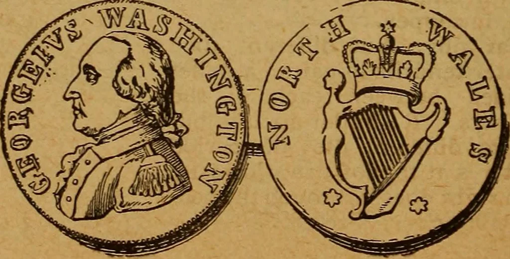 An illustration from The rare coins of America, England, Ireland, Scotland, France, Germany, and Spain ... a complete list of and prices paid for rare American ... coins, fractional currency, colonial, continental and Confederate paper money; a list of all counterfeit U. S. Treasury and national bank notes and Canadian banks notes, and how to detect them; the market value of all nations' coins and bank notes in U.S. money; a list of and prices paid for rare English, Irish, Scotch, French, German and Spanish coins. Illustrated with about 150 cuts, 1889, leaf 63