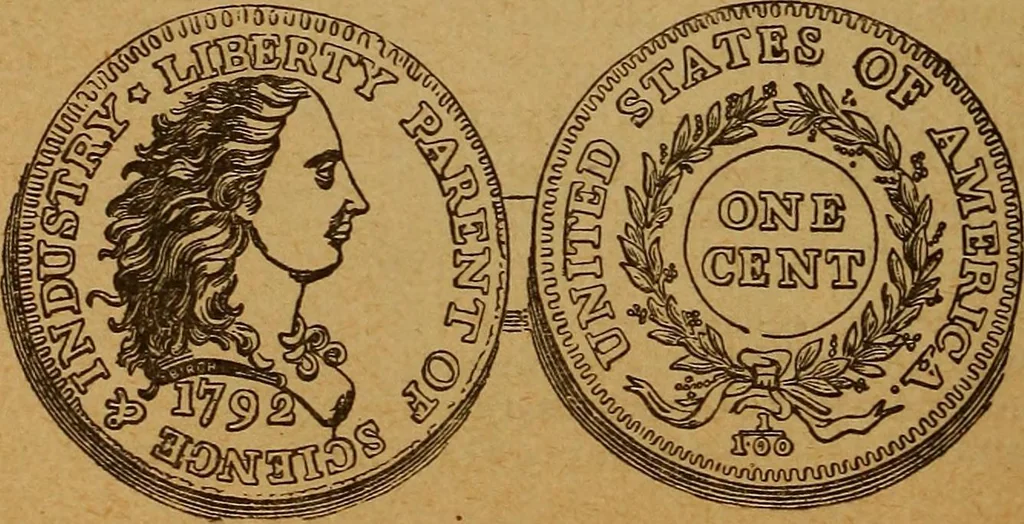 An illustration from The rare coins of America, England, Ireland, Scotland, France, Germany, and Spain ... a complete list of and prices paid for rare American ... coins, fractional currency, colonial, continental and Confederate paper money; a list of all counterfeit U. S. Treasury and national bank notes and Canadian banks notes, and how to detect them; the market value of all nations' coins and bank notes in U.S. money; a list of and prices paid for rare English, Irish, Scotch, French, German and Spanish coins. Illustrated with about 150 cuts, 1889, leaf 65