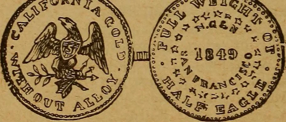 An illustration from The rare coins of America, England, Ireland, Scotland, France, Germany, and Spain ... a complete list of and prices paid for rare American ... coins, fractional currency, colonial, continental and Confederate paper money; a list of all counterfeit U. S. Treasury and national bank notes and Canadian banks notes, and how to detect them; the market value of all nations' coins and bank notes in U.S. money; a list of and prices paid for rare English, Irish, Scotch, French, German and Spanish coins. Illustrated with about 150 cuts, 1889, leaf 69