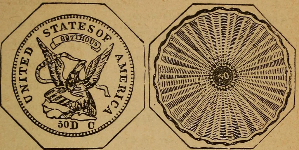 An illustration from The rare coins of America, England, Ireland, Scotland, France, Germany, and Spain ... a complete list of and prices paid for rare American ... coins, fractional currency, colonial, continental and Confederate paper money; a list of all counterfeit U. S. Treasury and national bank notes and Canadian banks notes, and how to detect them; the market value of all nations' coins and bank notes in U.S. money; a list of and prices paid for rare English, Irish, Scotch, French, German and Spanish coins. Illustrated with about 150 cuts, 1889, leaf 72