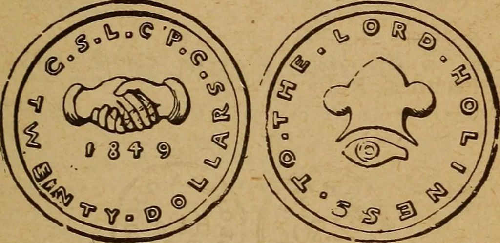 An illustration from The rare coins of America, England, Ireland, Scotland, France, Germany, and Spain ... a complete list of and prices paid for rare American ... coins, fractional currency, colonial, continental and Confederate paper money; a list of all counterfeit U. S. Treasury and national bank notes and Canadian banks notes, and how to detect them; the market value of all nations' coins and bank notes in U.S. money; a list of and prices paid for rare English, Irish, Scotch, French, German and Spanish coins. Illustrated with about 150 cuts, 1889, leaf 74