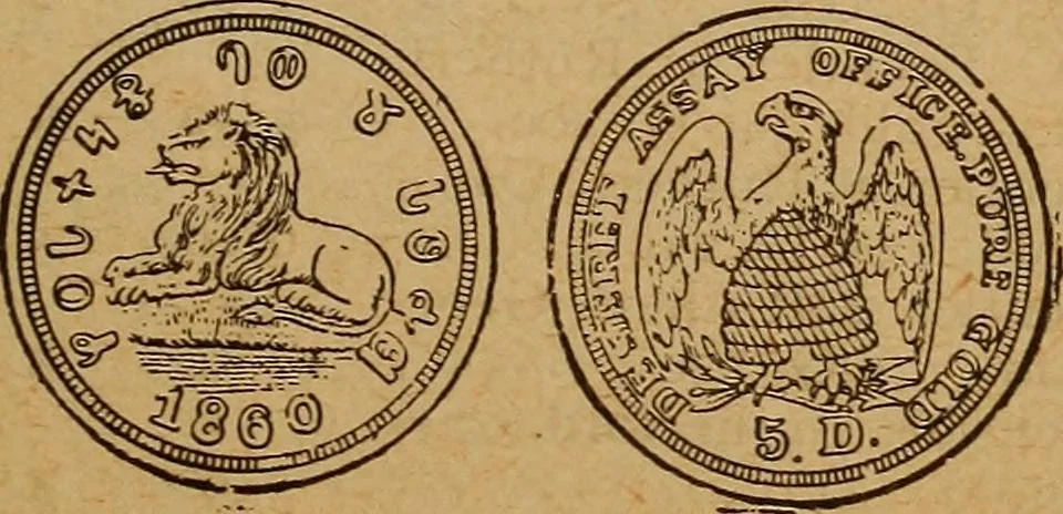 An illustration from The rare coins of America, England, Ireland, Scotland, France, Germany, and Spain ... a complete list of and prices paid for rare American ... coins, fractional currency, colonial, continental and Confederate paper money; a list of all counterfeit U. S. Treasury and national bank notes and Canadian banks notes, and how to detect them; the market value of all nations' coins and bank notes in U.S. money; a list of and prices paid for rare English, Irish, Scotch, French, German and Spanish coins. Illustrated with about 150 cuts, 1889, leaf 74