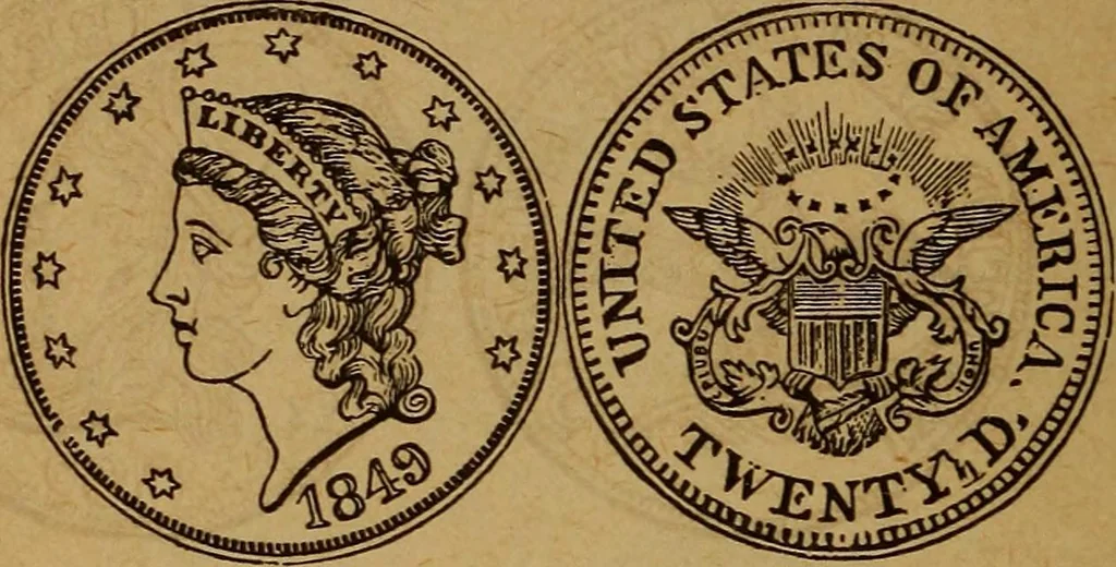 An illustration from The rare coins of America, England, Ireland, Scotland, France, Germany, and Spain ... a complete list of and prices paid for rare American ... coins, fractional currency, colonial, continental and Confederate paper money; a list of all counterfeit U. S. Treasury and national bank notes and Canadian banks notes, and how to detect them; the market value of all nations' coins and bank notes in U.S. money; a list of and prices paid for rare English, Irish, Scotch, French, German and Spanish coins. Illustrated with about 150 cuts, 1889, leaf 75