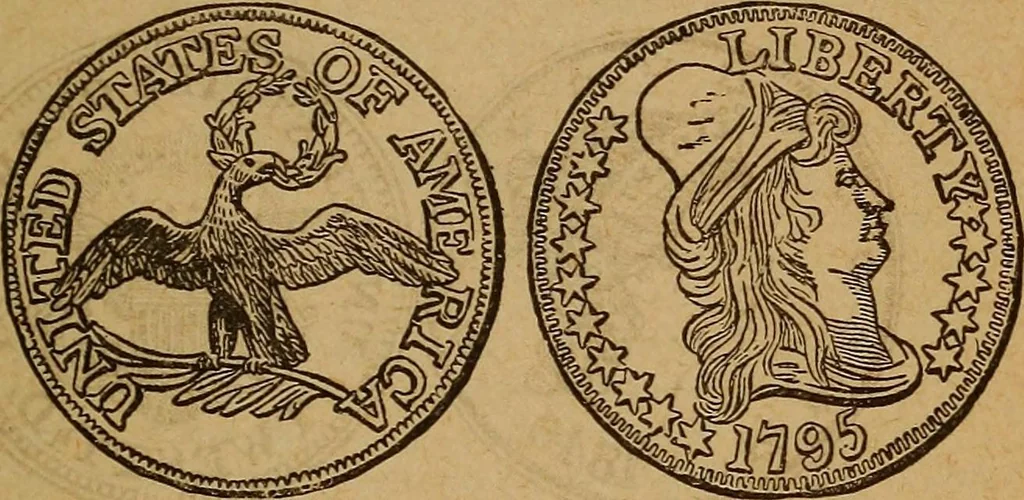 An illustration from The rare coins of America, England, Ireland, Scotland, France, Germany, and Spain ... a complete list of and prices paid for rare American ... coins, fractional currency, colonial, continental and Confederate paper money; a list of all counterfeit U. S. Treasury and national bank notes and Canadian banks notes, and how to detect them; the market value of all nations' coins and bank notes in U.S. money; a list of and prices paid for rare English, Irish, Scotch, French, German and Spanish coins. Illustrated with about 150 cuts, 1889, leaf 76