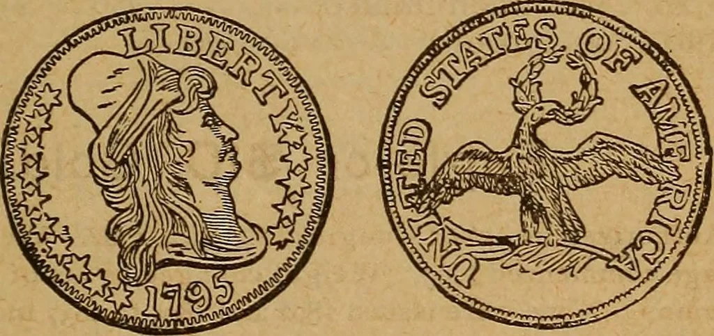 An illustration from The rare coins of America, England, Ireland, Scotland, France, Germany, and Spain ... a complete list of and prices paid for rare American ... coins, fractional currency, colonial, continental and Confederate paper money; a list of all counterfeit U. S. Treasury and national bank notes and Canadian banks notes, and how to detect them; the market value of all nations' coins and bank notes in U.S. money; a list of and prices paid for rare English, Irish, Scotch, French, German and Spanish coins. Illustrated with about 150 cuts, 1889, leaf 76