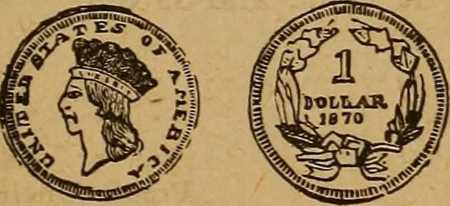 An illustration from The rare coins of America, England, Ireland, Scotland, France, Germany, and Spain ... a complete list of and prices paid for rare American ... coins, fractional currency, colonial, continental and Confederate paper money; a list of all counterfeit U. S. Treasury and national bank notes and Canadian banks notes, and how to detect them; the market value of all nations' coins and bank notes in U.S. money; a list of and prices paid for rare English, Irish, Scotch, French, German and Spanish coins. Illustrated with about 150 cuts, 1889, leaf 80