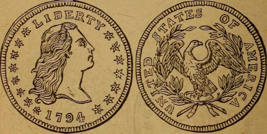 An illustration from The rare coins of America, England, Ireland, Scotland, France, Germany, and Spain ... a complete list of and prices paid for rare American ... coins, fractional currency, colonial, continental and Confederate paper money; a list of all counterfeit U. S. Treasury and national bank notes and Canadian banks notes, and how to detect them; the market value of all nations' coins and bank notes in U.S. money; a list of and prices paid for rare English, Irish, Scotch, French, German and Spanish coins. Illustrated with about 150 cuts, 1889, leaf 81