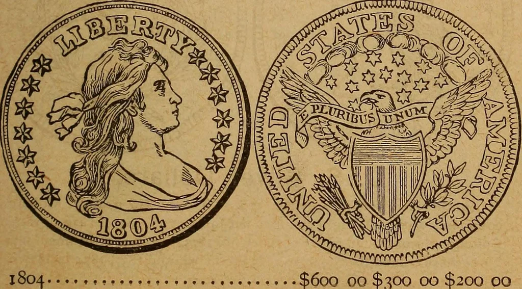 An illustration from The rare coins of America, England, Ireland, Scotland, France, Germany, and Spain ... a complete list of and prices paid for rare American ... coins, fractional currency, colonial, continental and Confederate paper money; a list of all counterfeit U. S. Treasury and national bank notes and Canadian banks notes, and how to detect them; the market value of all nations' coins and bank notes in U.S. money; a list of and prices paid for rare English, Irish, Scotch, French, German and Spanish coins. Illustrated with about 150 cuts, 1889, leaf 82