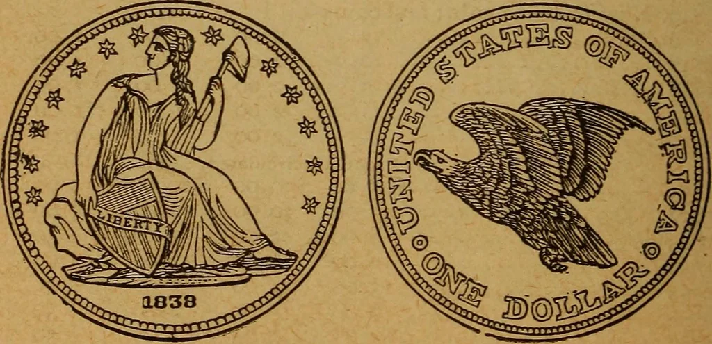 An illustration from The rare coins of America, England, Ireland, Scotland, France, Germany, and Spain ... a complete list of and prices paid for rare American ... coins, fractional currency, colonial, continental and Confederate paper money; a list of all counterfeit U. S. Treasury and national bank notes and Canadian banks notes, and how to detect them; the market value of all nations' coins and bank notes in U.S. money; a list of and prices paid for rare English, Irish, Scotch, French, German and Spanish coins. Illustrated with about 150 cuts, 1889, leaf 83