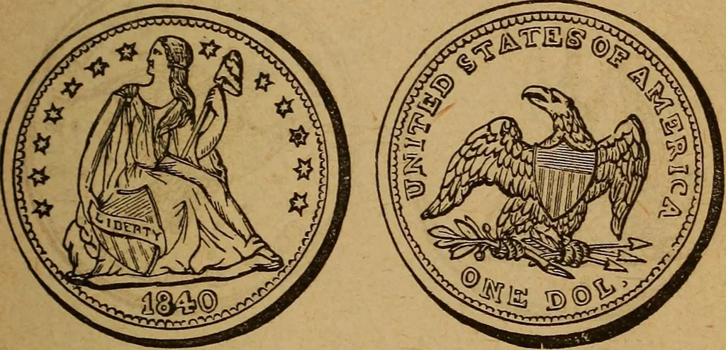 An illustration from The rare coins of America, England, Ireland, Scotland, France, Germany, and Spain ... a complete list of and prices paid for rare American ... coins, fractional currency, colonial, continental and Confederate paper money; a list of all counterfeit U. S. Treasury and national bank notes and Canadian banks notes, and how to detect them; the market value of all nations' coins and bank notes in U.S. money; a list of and prices paid for rare English, Irish, Scotch, French, German and Spanish coins. Illustrated with about 150 cuts, 1889, leaf 84
