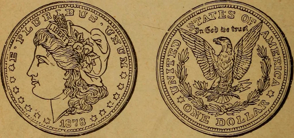 An illustration from The rare coins of America, England, Ireland, Scotland, France, Germany, and Spain ... a complete list of and prices paid for rare American ... coins, fractional currency, colonial, continental and Confederate paper money; a list of all counterfeit U. S. Treasury and national bank notes and Canadian banks notes, and how to detect them; the market value of all nations' coins and bank notes in U.S. money; a list of and prices paid for rare English, Irish, Scotch, French, German and Spanish coins. Illustrated with about 150 cuts, 1889, leaf 85