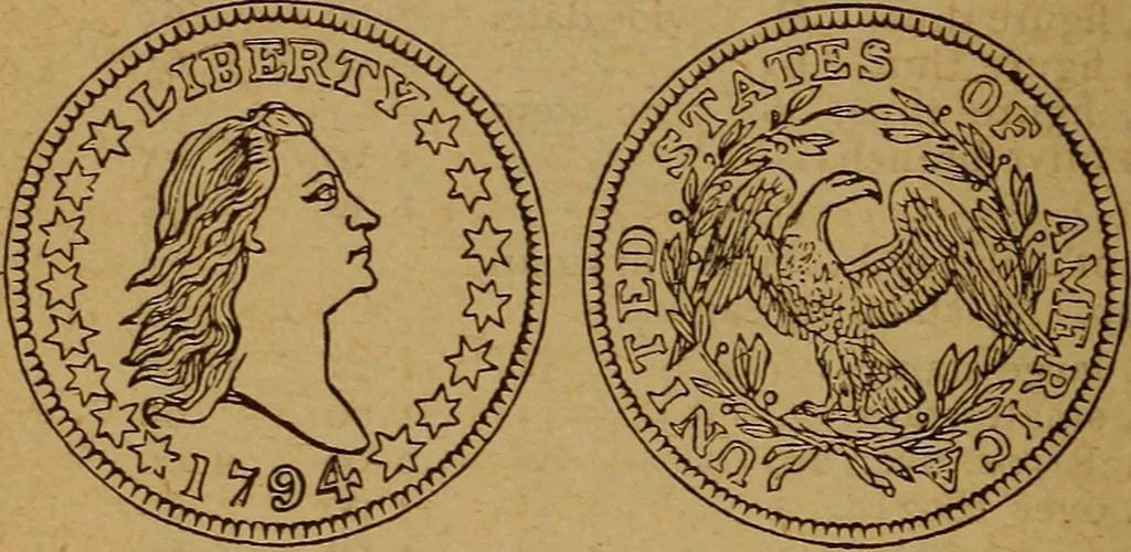 An illustration from The rare coins of America, England, Ireland, Scotland, France, Germany, and Spain ... a complete list of and prices paid for rare American ... coins, fractional currency, colonial, continental and Confederate paper money; a list of all counterfeit U. S. Treasury and national bank notes and Canadian banks notes, and how to detect them; the market value of all nations' coins and bank notes in U.S. money; a list of and prices paid for rare English, Irish, Scotch, French, German and Spanish coins. Illustrated with about 150 cuts, 1889, leaf 87