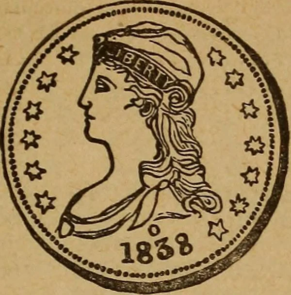 An illustration from The rare coins of America, England, Ireland, Scotland, France, Germany, and Spain ... a complete list of and prices paid for rare American ... coins, fractional currency, colonial, continental and Confederate paper money; a list of all counterfeit U. S. Treasury and national bank notes and Canadian banks notes, and how to detect them; the market value of all nations' coins and bank notes in U.S. money; a list of and prices paid for rare English, Irish, Scotch, French, German and Spanish coins. Illustrated with about 150 cuts, 1889, leaf 90