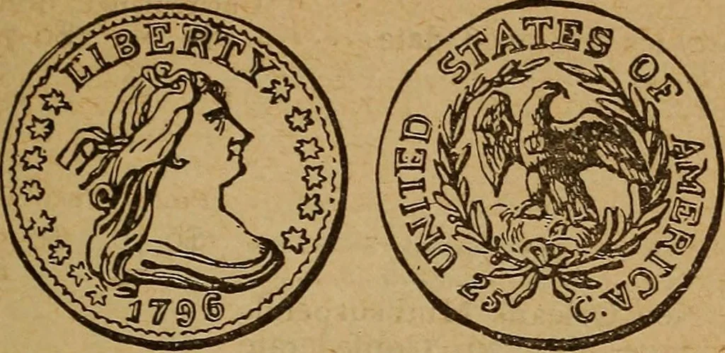 An illustration from The rare coins of America, England, Ireland, Scotland, France, Germany, and Spain ... a complete list of and prices paid for rare American ... coins, fractional currency, colonial, continental and Confederate paper money; a list of all counterfeit U. S. Treasury and national bank notes and Canadian banks notes, and how to detect them; the market value of all nations' coins and bank notes in U.S. money; a list of and prices paid for rare English, Irish, Scotch, French, German and Spanish coins. Illustrated with about 150 cuts, 1889, leaf 92