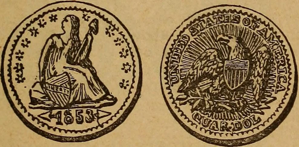 An illustration from The rare coins of America, England, Ireland, Scotland, France, Germany, and Spain ... a complete list of and prices paid for rare American ... coins, fractional currency, colonial, continental and Confederate paper money; a list of all counterfeit U. S. Treasury and national bank notes and Canadian banks notes, and how to detect them; the market value of all nations' coins and bank notes in U.S. money; a list of and prices paid for rare English, Irish, Scotch, French, German and Spanish coins. Illustrated with about 150 cuts, 1889, leaf 94