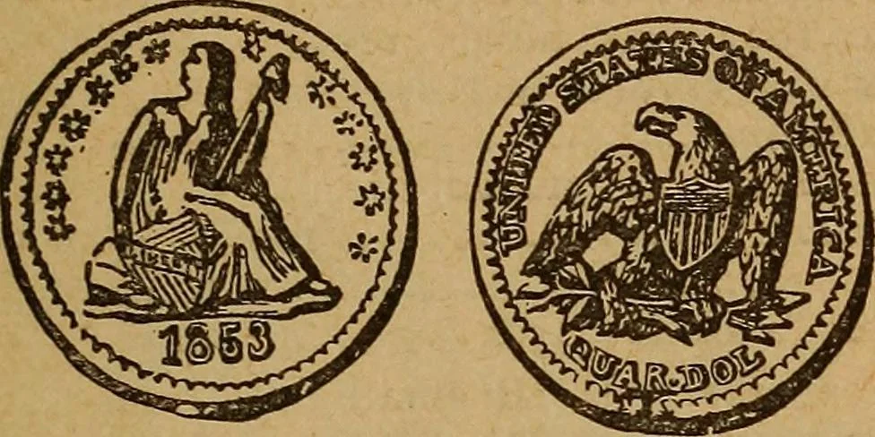 An illustration from The rare coins of America, England, Ireland, Scotland, France, Germany, and Spain ... a complete list of and prices paid for rare American ... coins, fractional currency, colonial, continental and Confederate paper money; a list of all counterfeit U. S. Treasury and national bank notes and Canadian banks notes, and how to detect them; the market value of all nations' coins and bank notes in U.S. money; a list of and prices paid for rare English, Irish, Scotch, French, German and Spanish coins. Illustrated with about 150 cuts, 1889, leaf 94