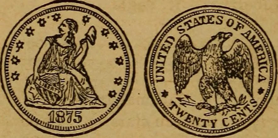 An illustration from The rare coins of America, England, Ireland, Scotland, France, Germany, and Spain ... a complete list of and prices paid for rare American ... coins, fractional currency, colonial, continental and Confederate paper money; a list of all counterfeit U. S. Treasury and national bank notes and Canadian banks notes, and how to detect them; the market value of all nations' coins and bank notes in U.S. money; a list of and prices paid for rare English, Irish, Scotch, French, German and Spanish coins. Illustrated with about 150 cuts, 1889, leaf 95