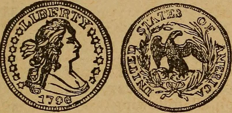 An illustration from The rare coins of America, England, Ireland, Scotland, France, Germany, and Spain ... a complete list of and prices paid for rare American ... coins, fractional currency, colonial, continental and Confederate paper money; a list of all counterfeit U. S. Treasury and national bank notes and Canadian banks notes, and how to detect them; the market value of all nations' coins and bank notes in U.S. money; a list of and prices paid for rare English, Irish, Scotch, French, German and Spanish coins. Illustrated with about 150 cuts, 1889, leaf 96
