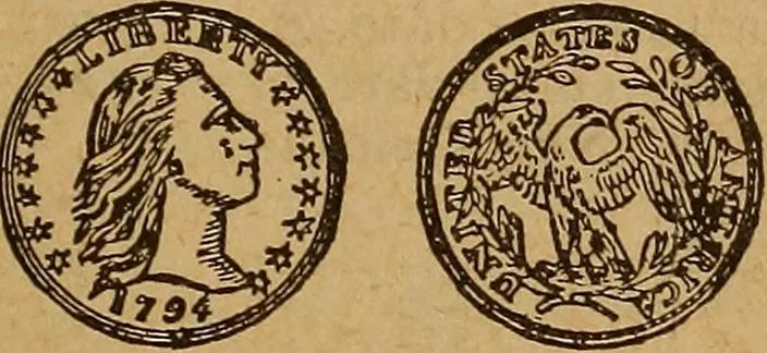 An illustration from The rare coins of America, England, Ireland, Scotland, France, Germany, and Spain ... a complete list of and prices paid for rare American ... coins, fractional currency, colonial, continental and Confederate paper money; a list of all counterfeit U. S. Treasury and national bank notes and Canadian banks notes, and how to detect them; the market value of all nations' coins and bank notes in U.S. money; a list of and prices paid for rare English, Irish, Scotch, French, German and Spanish coins. Illustrated with about 150 cuts, 1889, leaf 98