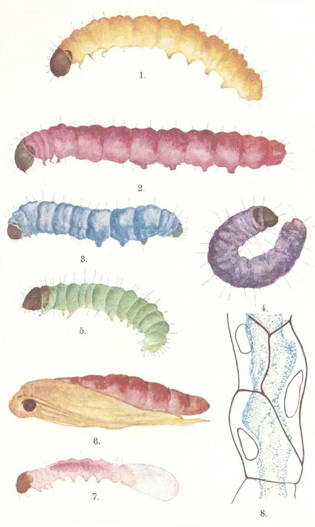 An illustration from Experimentelle Untersuchungen über vitale Färbung der Mikrolepidopterenraupen = Doświadczenia nad barwieniem żywych gąsienic drobnych motyli, 1910, leaf 20