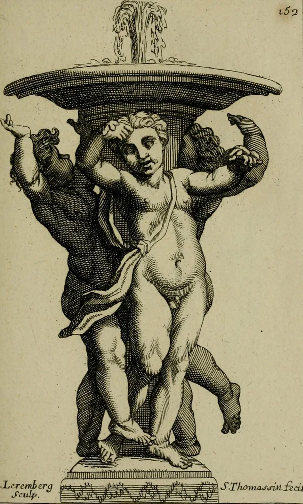 An illustration from Recüeil des figures, groupes, thermes, fontaines, vases, et autres ornemens tels qu'ils se voyent a présent dans le chateau et parc de Versailles : gravé d'après les originaux, 1694, leaf 348