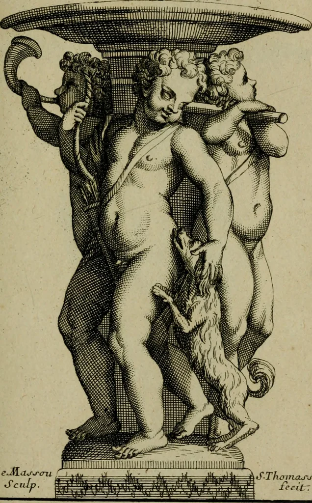 An illustration from Recüeil des figures, groupes, thermes, fontaines, vases, et autres ornemens tels qu'ils se voyent a présent dans le chateau et parc de Versailles : gravé d'après les originaux, 1694, leaf 354