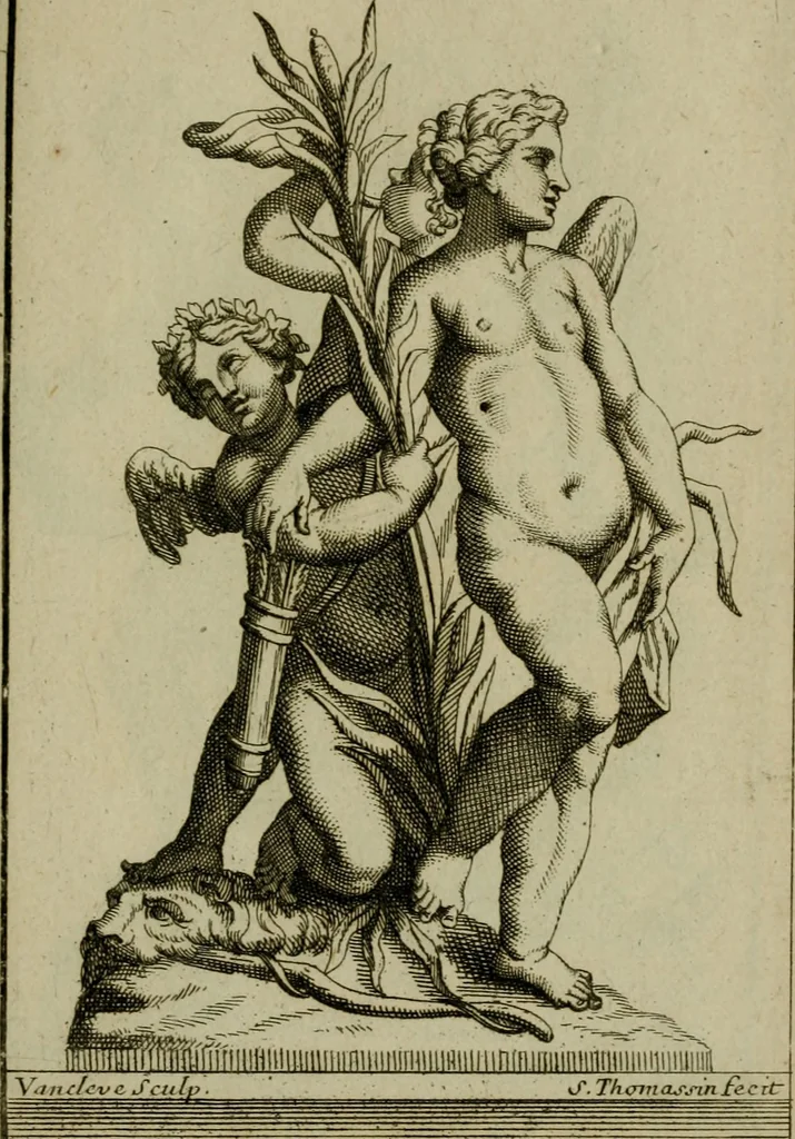 An illustration from Recüeil des figures, groupes, thermes, fontaines, vases, et autres ornemens tels qu'ils se voyent a présent dans le chateau et parc de Versailles : gravé d'après les originaux, 1694, leaf 386