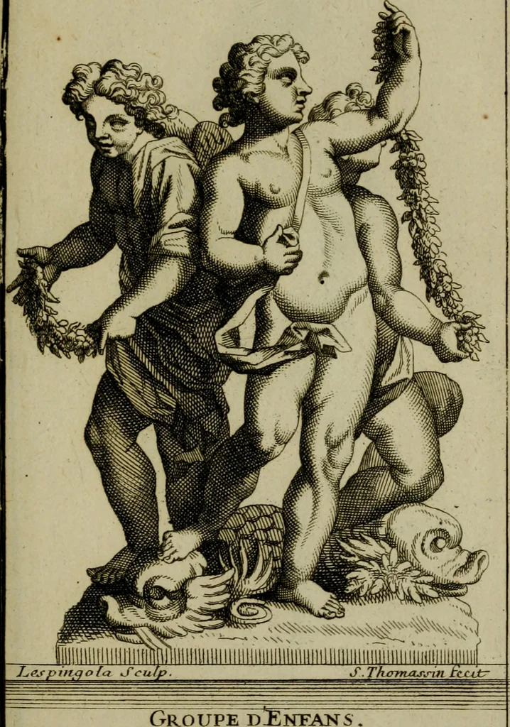 An illustration from Recüeil des figures, groupes, thermes, fontaines, vases, et autres ornemens tels qu'ils se voyent a présent dans le chateau et parc de Versailles : gravé d'après les originaux, 1694, leaf 388