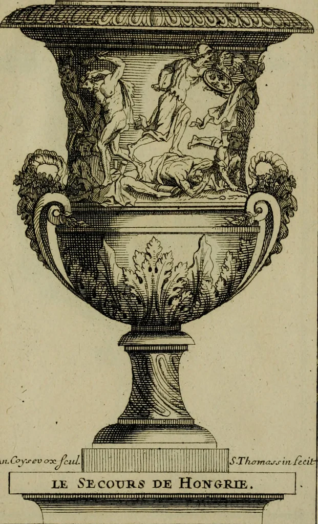 An illustration from Recüeil des figures, groupes, thermes, fontaines, vases, et autres ornemens tels qu'ils se voyent a présent dans le chateau et parc de Versailles : gravé d'après les originaux, 1694, leaf 454