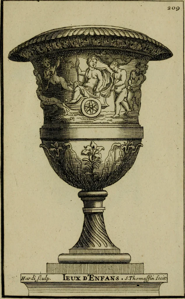 An illustration from Recüeil des figures, groupes, thermes, fontaines, vases, et autres ornemens tels qu'ils se voyent a présent dans le chateau et parc de Versailles : gravé d'après les originaux, 1694, leaf 462