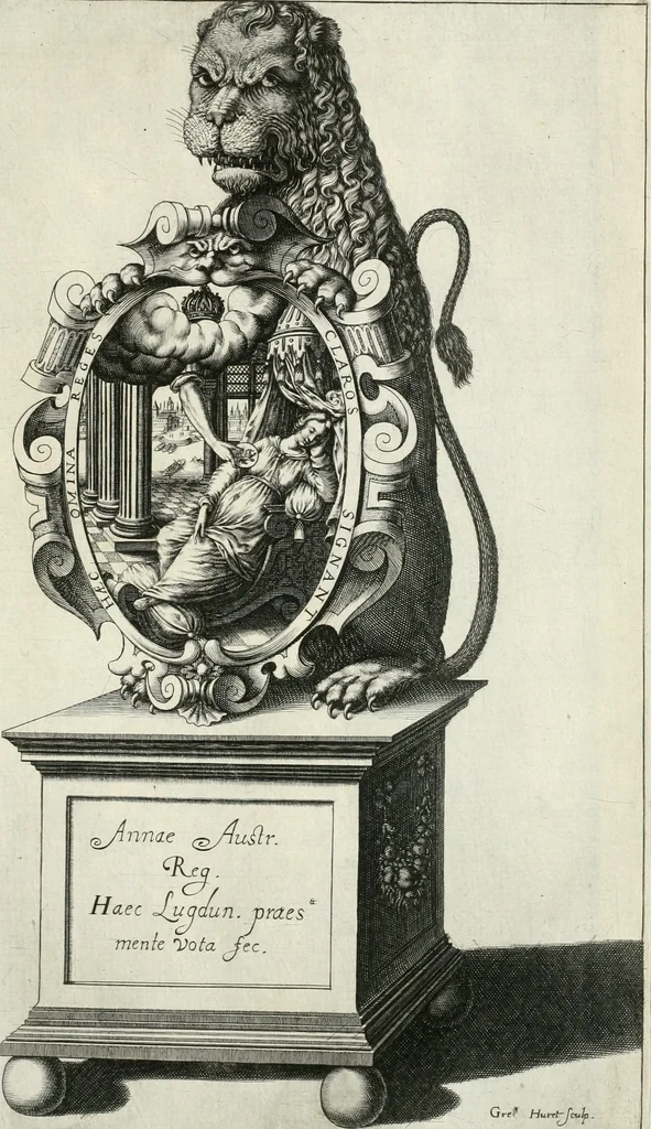 An illustration from Reception de tres-chrestien, tres-iuste, et tres-victorieux monarque Louis XIII. roy de France & de Nauarre ... : et de tres-chrestienne, tres-auguste, & tres-vertueuse royne Anne d'Austriche, par Messieurs les doyen, chanoines, & comtes de Lyon en leur cloistre & eglise, le XI. decembre, M. DC.XXII, 1623, leaf 54