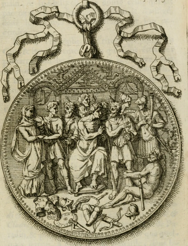 An illustration from Recherche des antiqvités et cvriosités de la ville de Lyon : ancienne colonie des romains & capitale de la Gaule celtique : avec un mémoire des principaux antiquaires & curieux de l'Europe, 1673, leaf 216