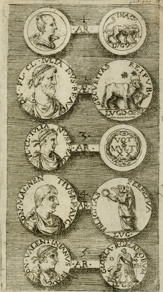 An illustration from Recherche des antiqvités et cvriosités de la ville de Lyon : ancienne colonie des romains & capitale de la Gaule celtique : avec un mémoire des principaux antiquaires & curieux de l'Europe, 1673, leaf 42