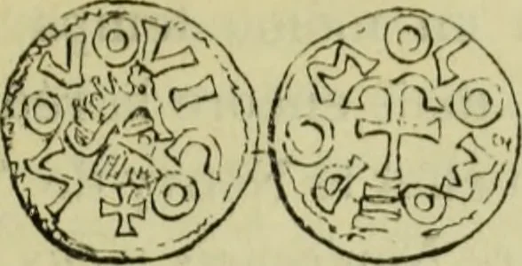 An illustration from Recherche des monnaies mérovingiennes du Cenomannicum, 1883, leaf 178