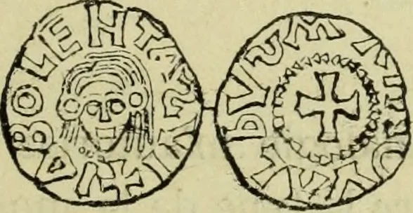 An illustration from Recherche des monnaies mérovingiennes du Cenomannicum, 1883, leaf 22