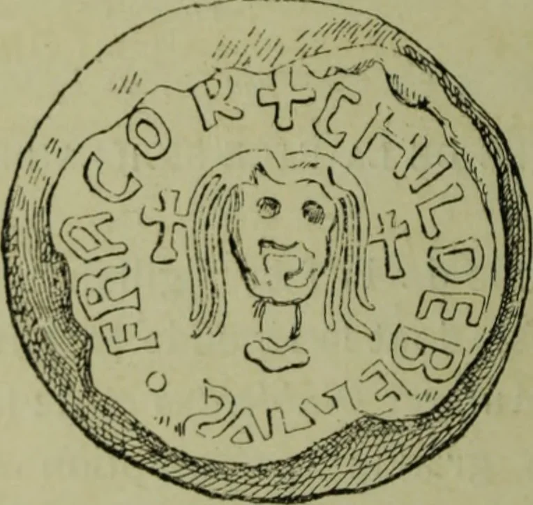 An illustration from Recherche des monnaies mérovingiennes du Cenomannicum, 1883, leaf 23