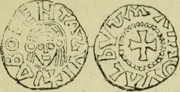 An illustration from Recherche des monnaies mérovingiennes du Cenomannicum, 1883, leaf 232