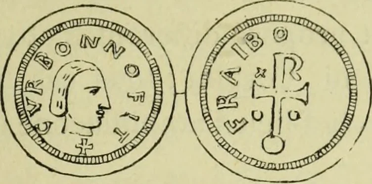 An illustration from Recherche des monnaies mérovingiennes du Cenomannicum, 1883, leaf 262