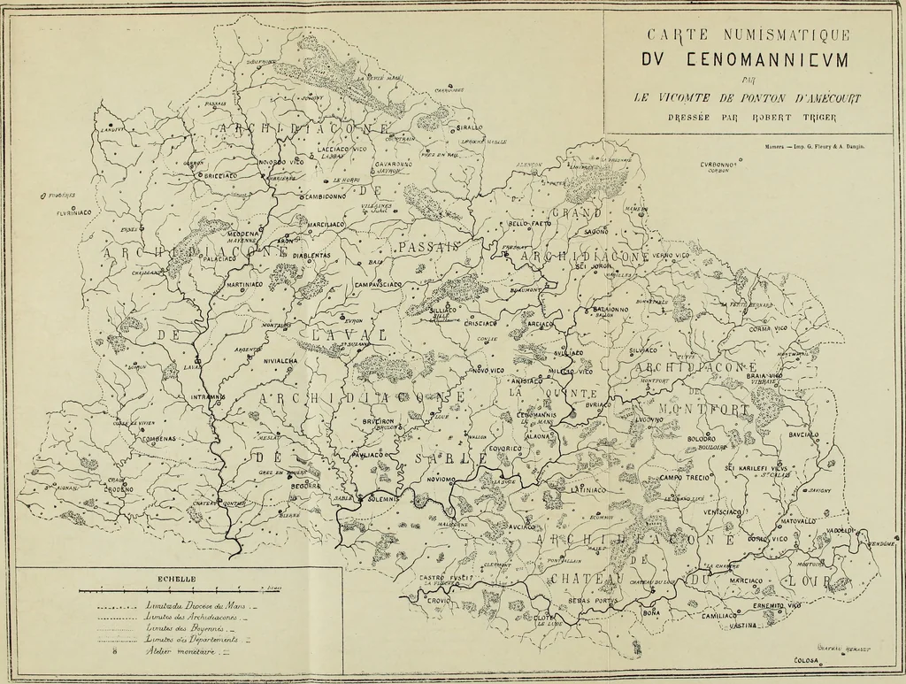 An illustration from Recherche des monnaies mérovingiennes du Cenomannicum, 1883, leaf 282