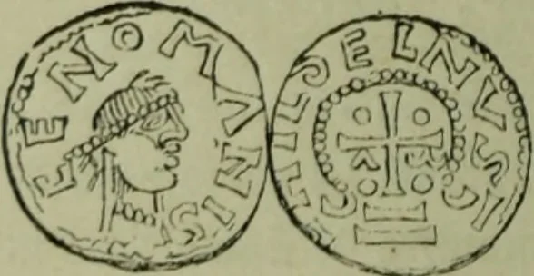An illustration from Recherche des monnaies mérovingiennes du Cenomannicum, 1883, leaf 69