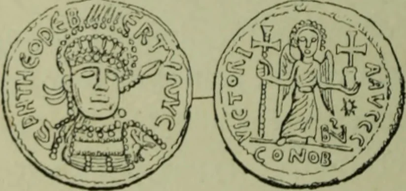 An illustration from Recherche des monnaies mérovingiennes du Cenomannicum, 1883, leaf 75
