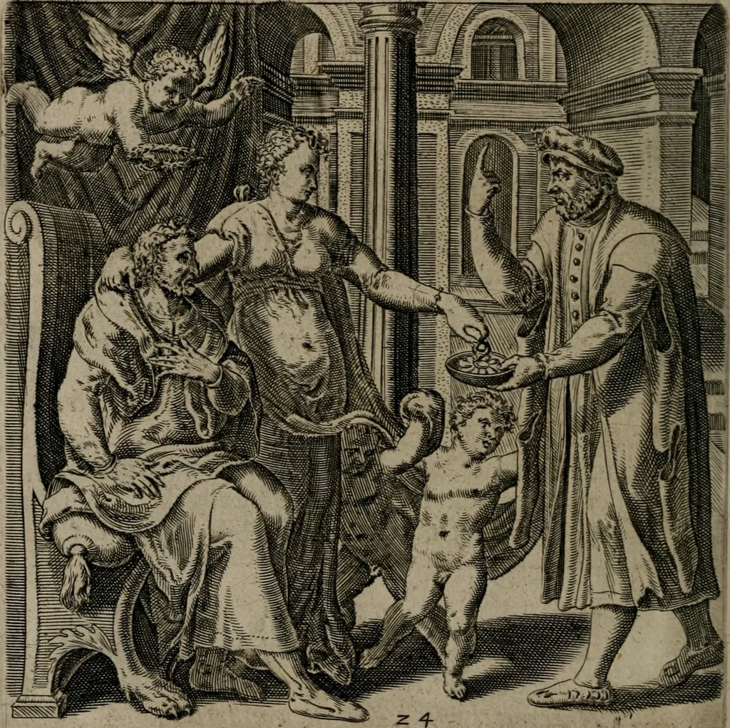 An illustration from Recht ghebruyck ende misbruyck van tydlicke have, 1620, leaf 55